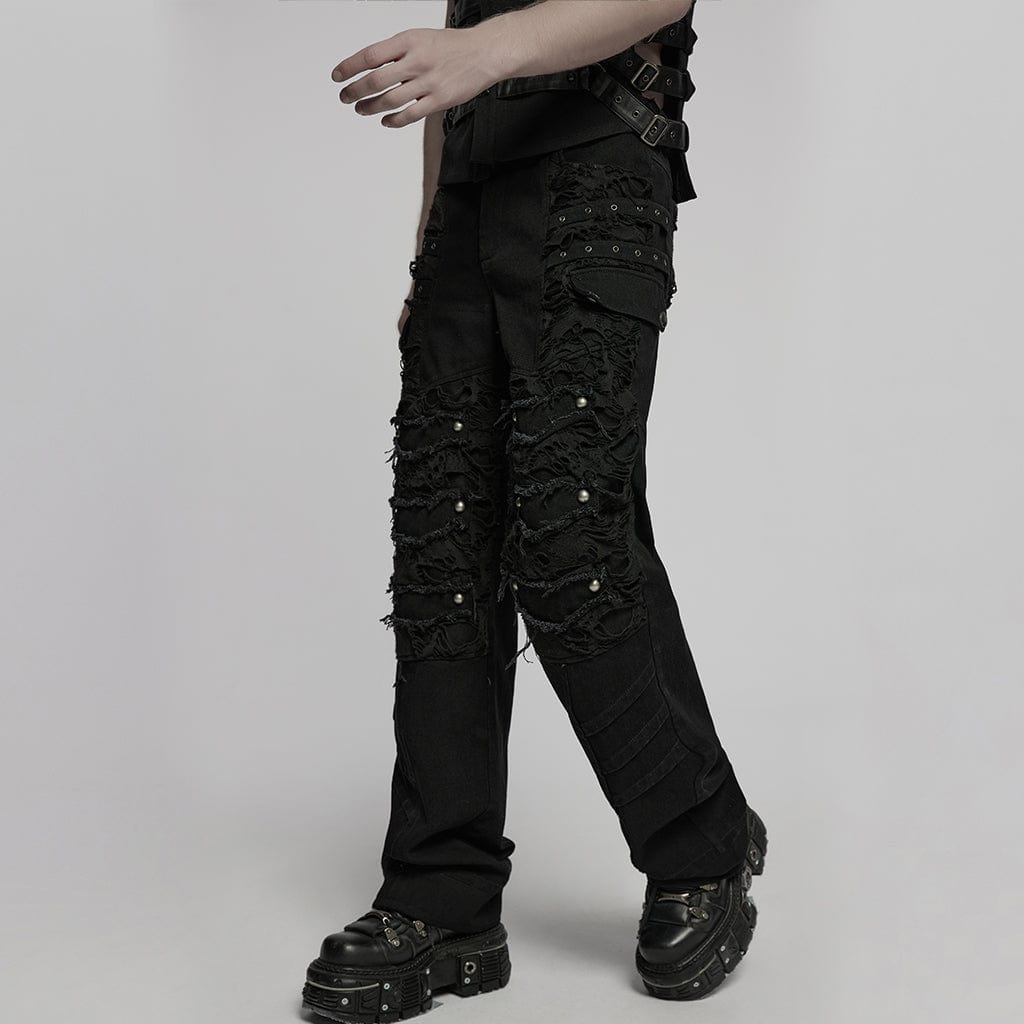 PUNK RAVE Men's Punk Ripped Straight Pants