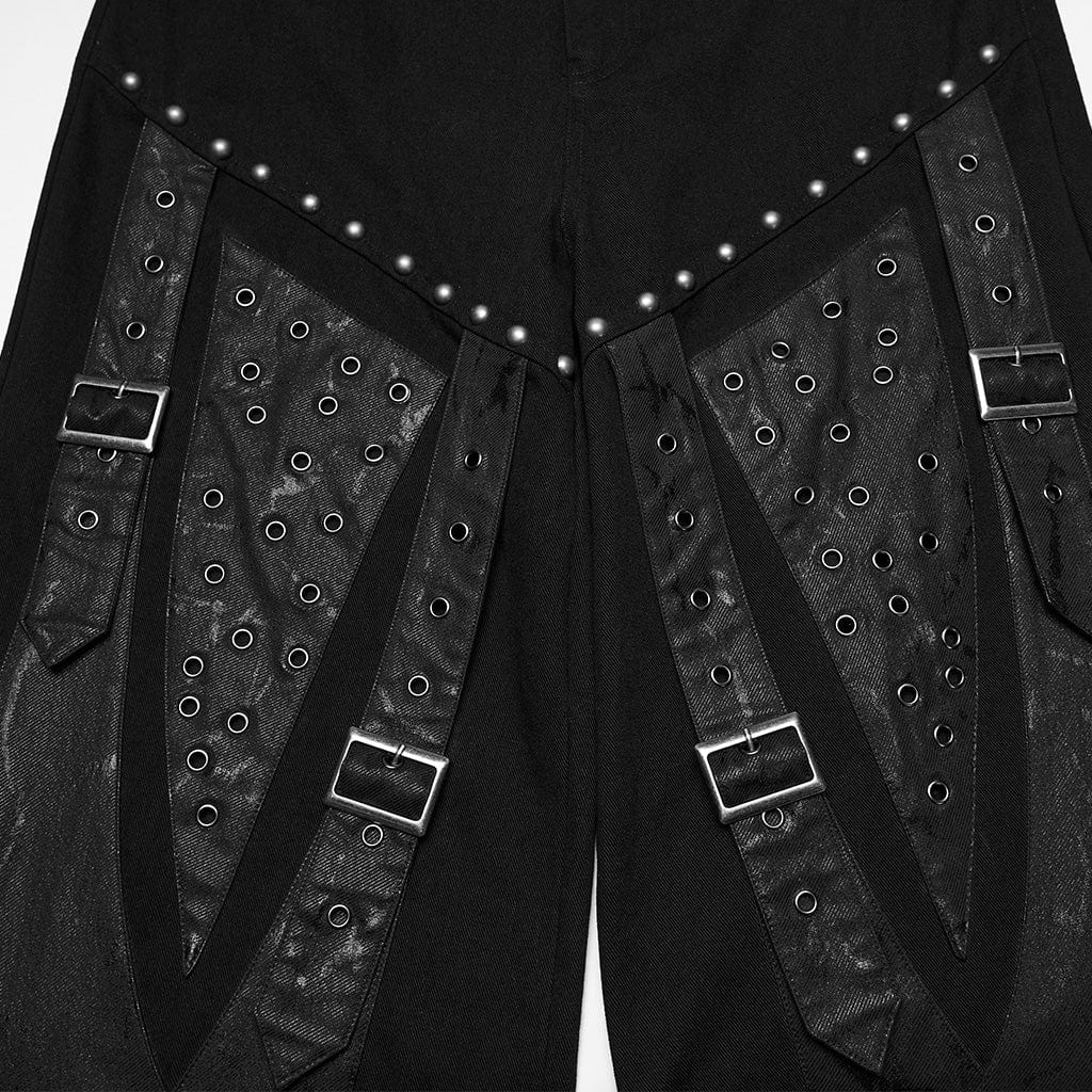 PUNK RAVE Men's Punk Rivet Eyelet Buckle Strap Straight Pants