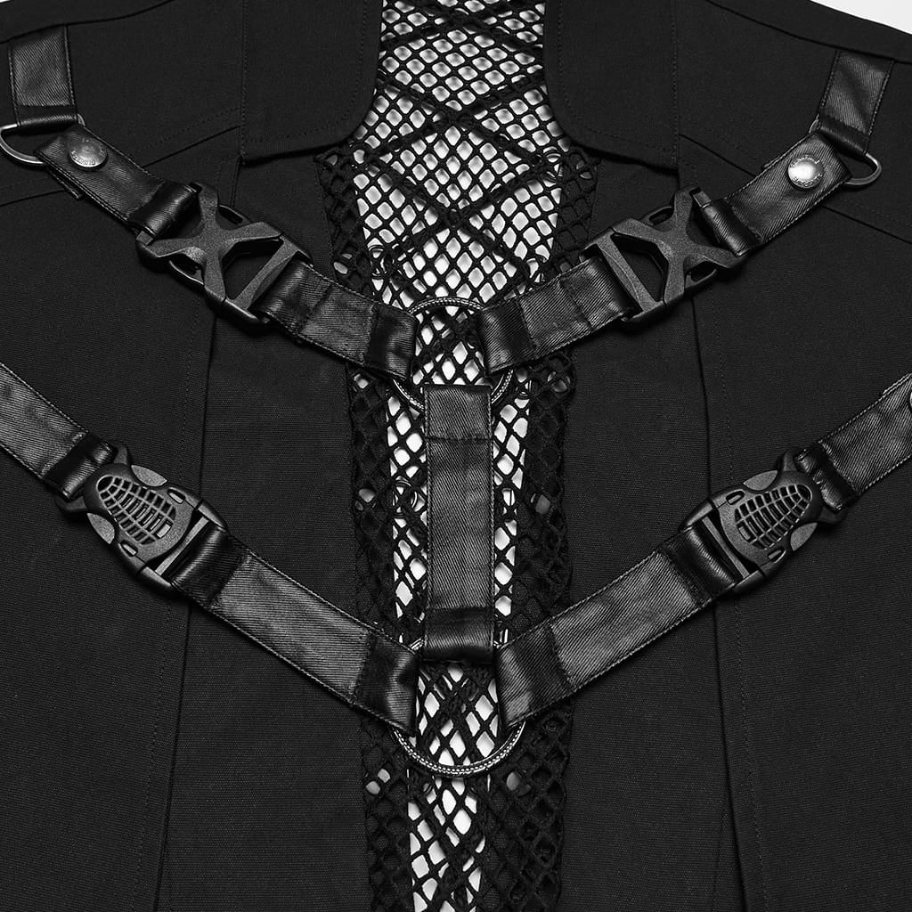 PUNK RAVE Men's Punk Rivet Lace-up Mesh Splice Jacket