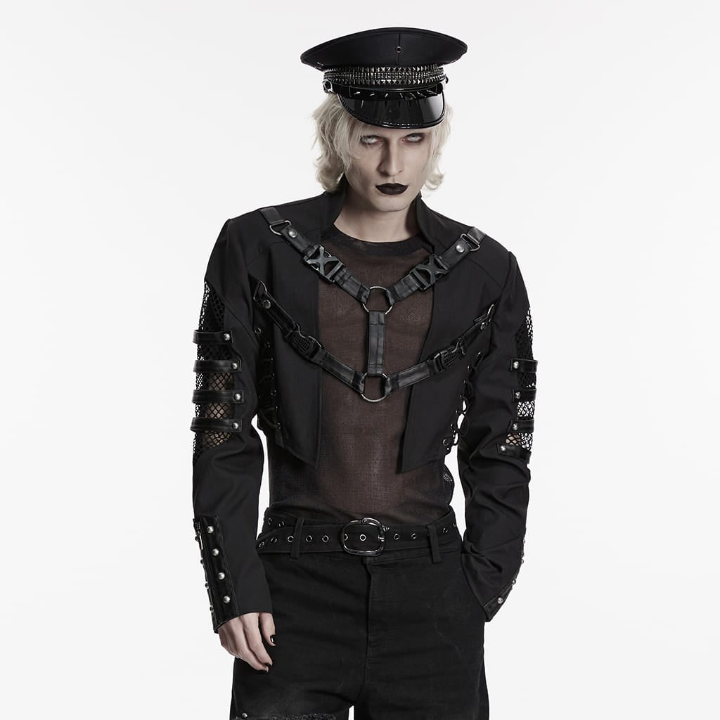 PUNK RAVE Men's Punk Rivet Lace-up Mesh Splice Jacket