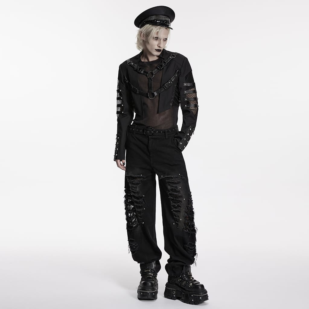 PUNK RAVE Men's Punk Rivet Lace-up Mesh Splice Jacket