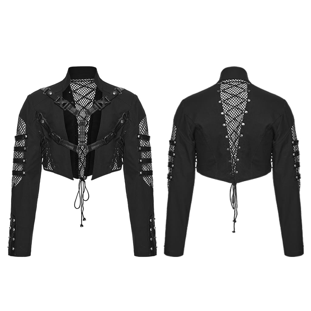 PUNK RAVE Men's Punk Rivet Lace-up Mesh Splice Jacket