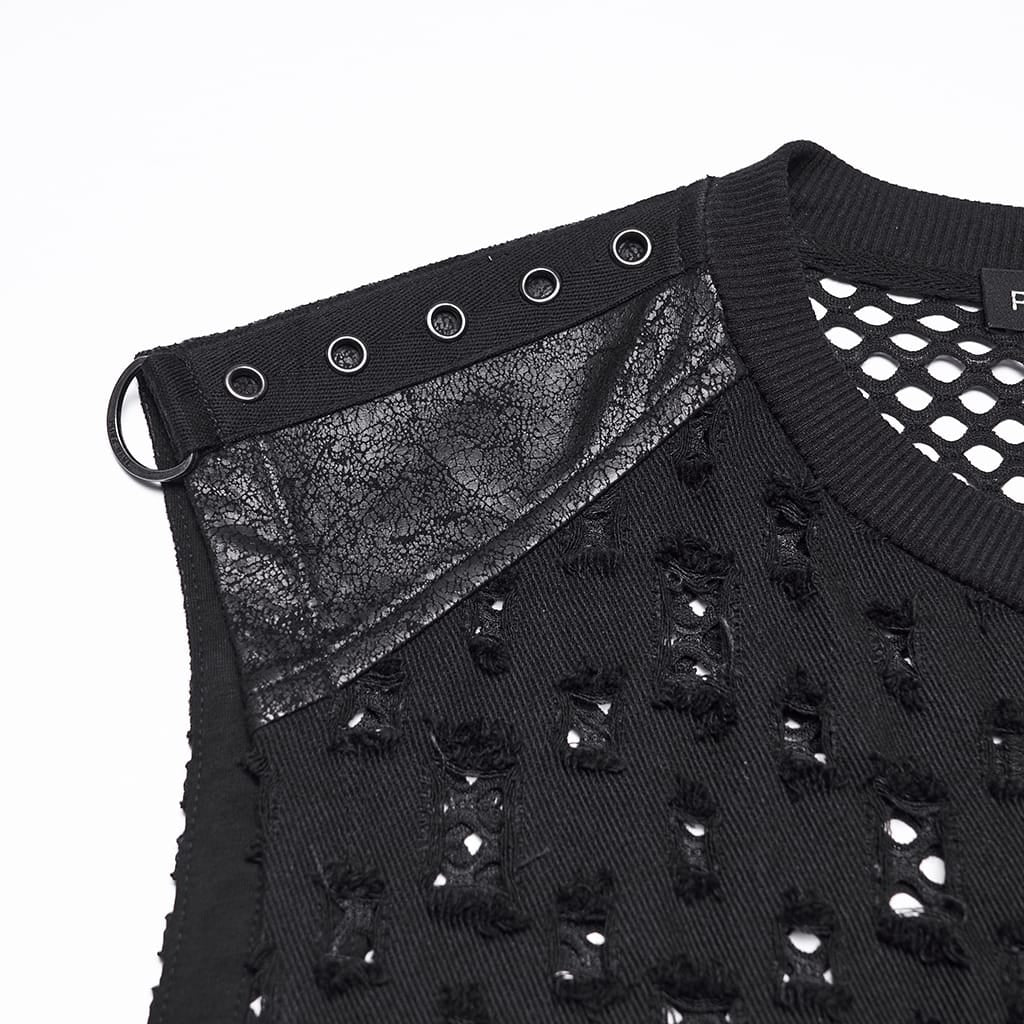 PUNK RAVE Men's Punk Rivet Ripped Mesh Tank Top