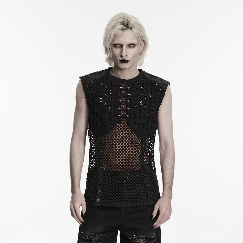 PUNK RAVE Men's Punk Rivet Ripped Mesh Tank Top