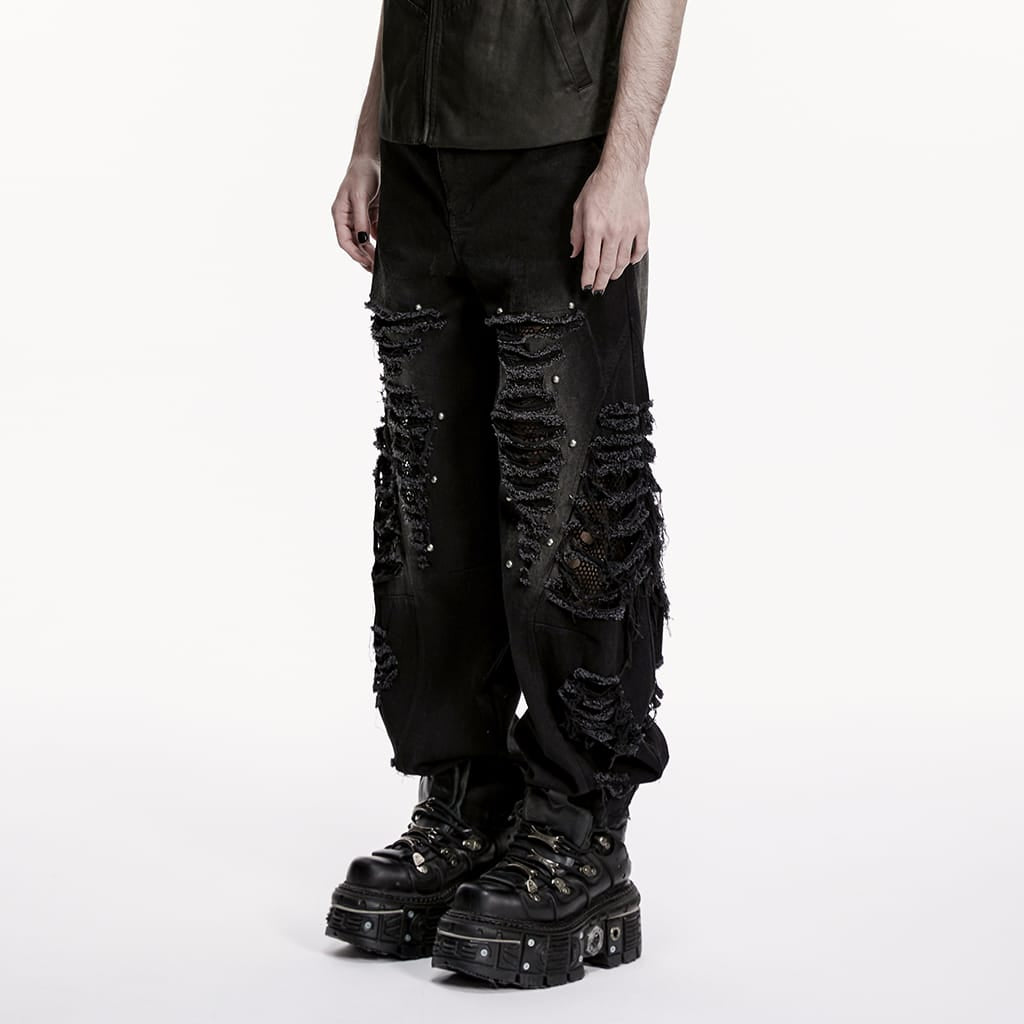PUNK RAVE Men's Punk Rivets Mesh Splice Tattered Pants