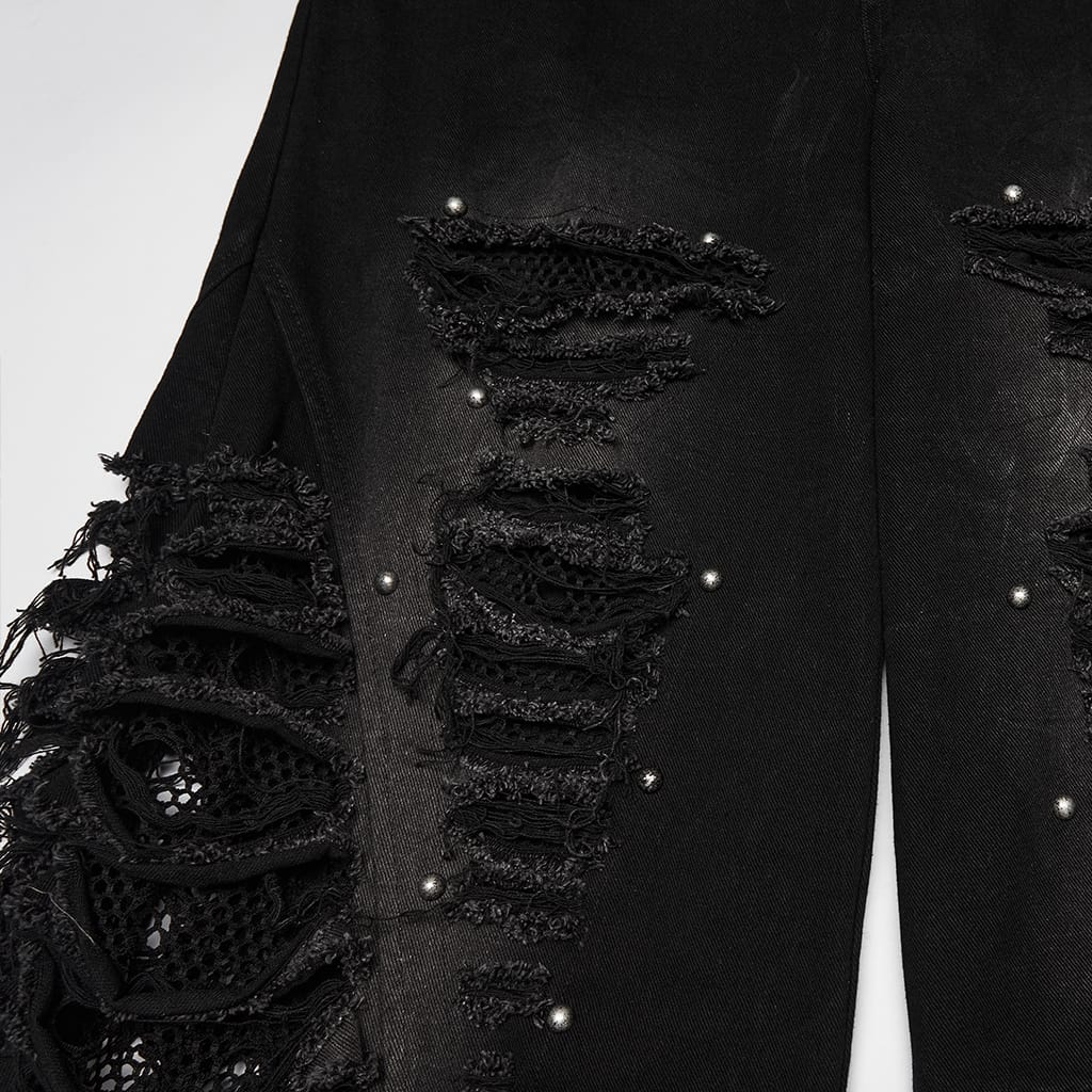 PUNK RAVE Men's Punk Rivets Mesh Splice Tattered Pants