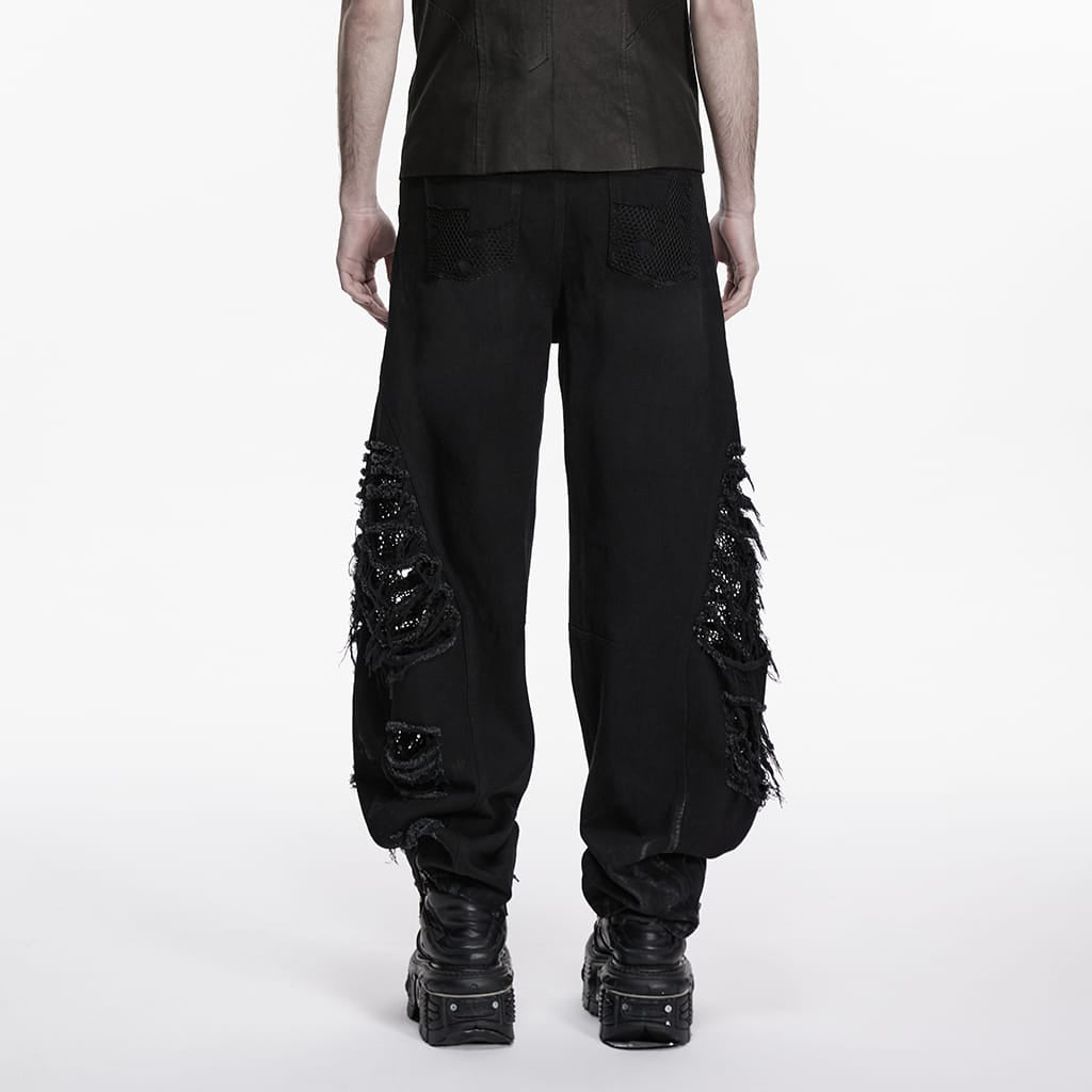 PUNK RAVE Men's Punk Rivets Mesh Splice Tattered Pants
