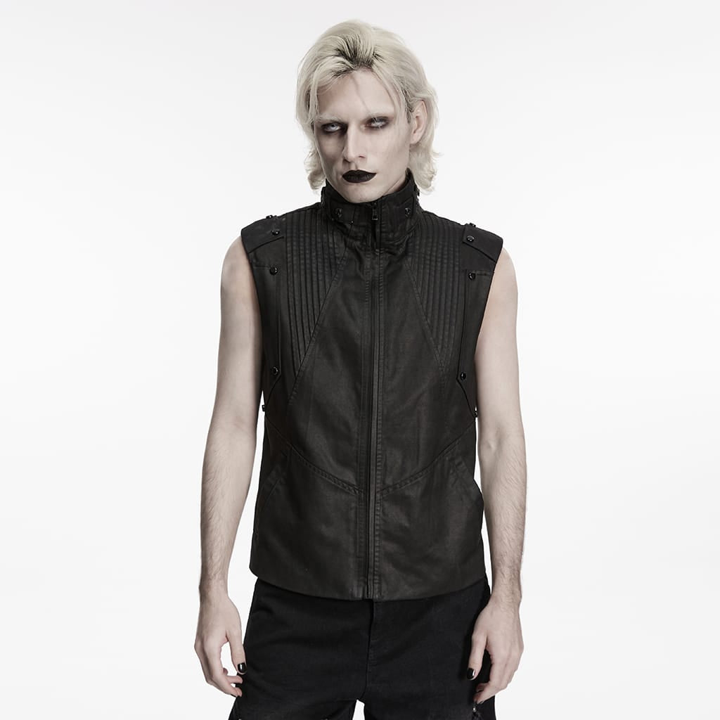 PUNK RAVE Men's Punk Rivets Pleated Stand Collar Vest