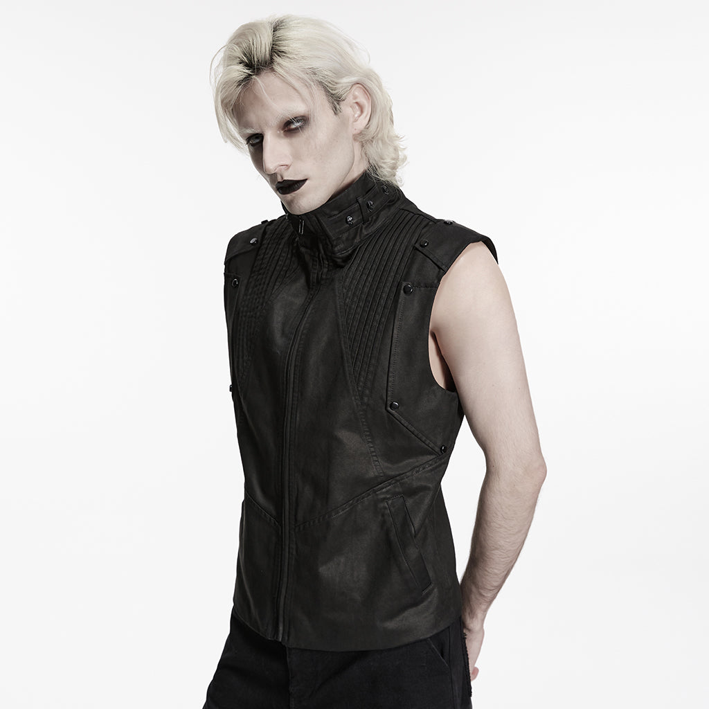 PUNK RAVE Men's Punk Rivets Pleated Stand Collar Vest