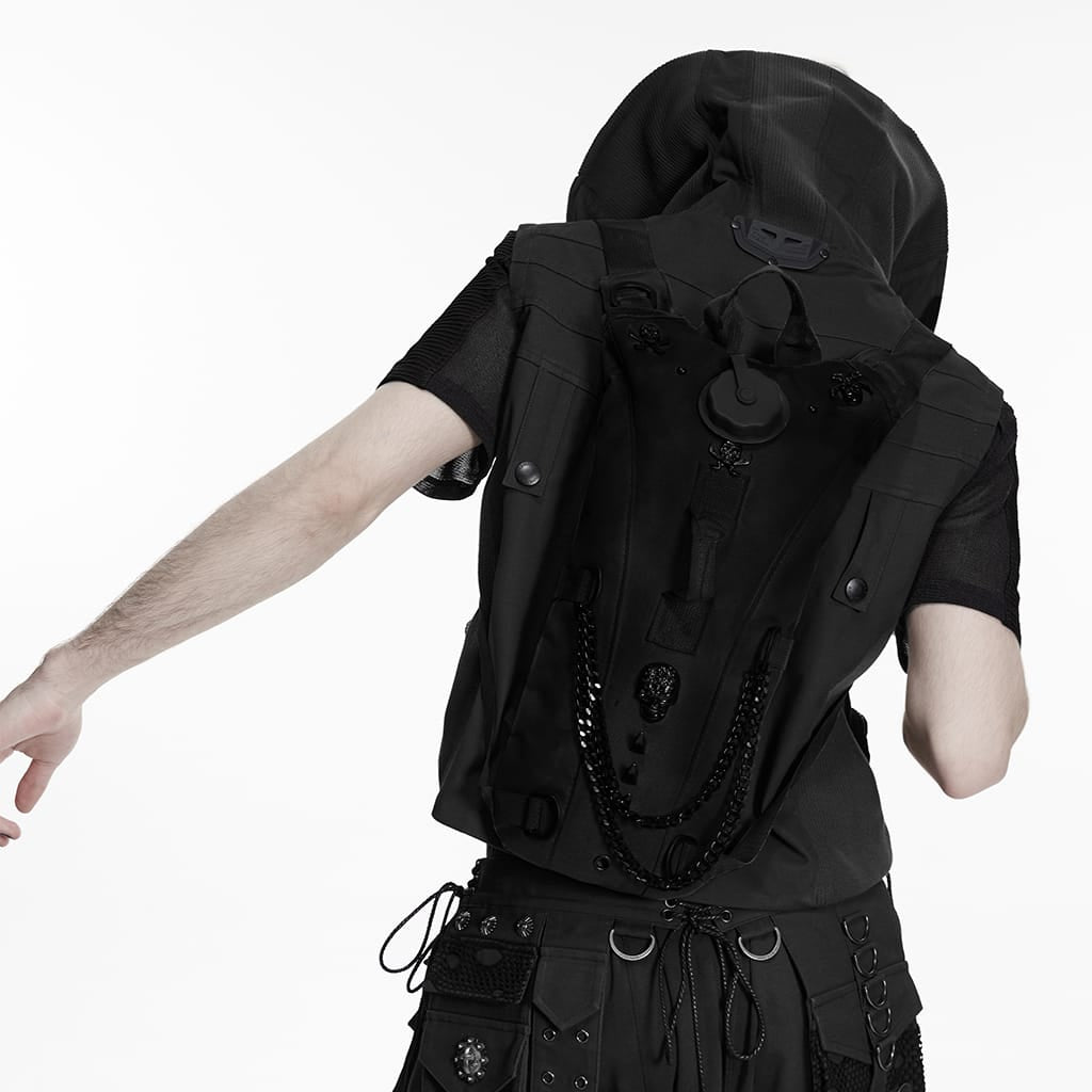 PUNK RAVE Men's Punk Rivets Skulls Chain Backpack Black