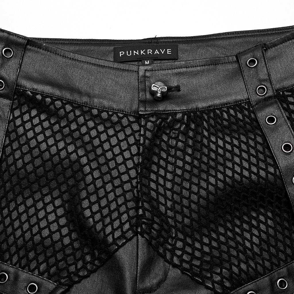 PUNK RAVE Men's Punk Rock Mesh Splice Eyelet Straps Faux Leather Pants