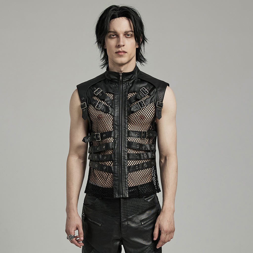 PUNK RAVE Men's Punk Rock Multi-buckles Mesh Splice Faux Leather Vest