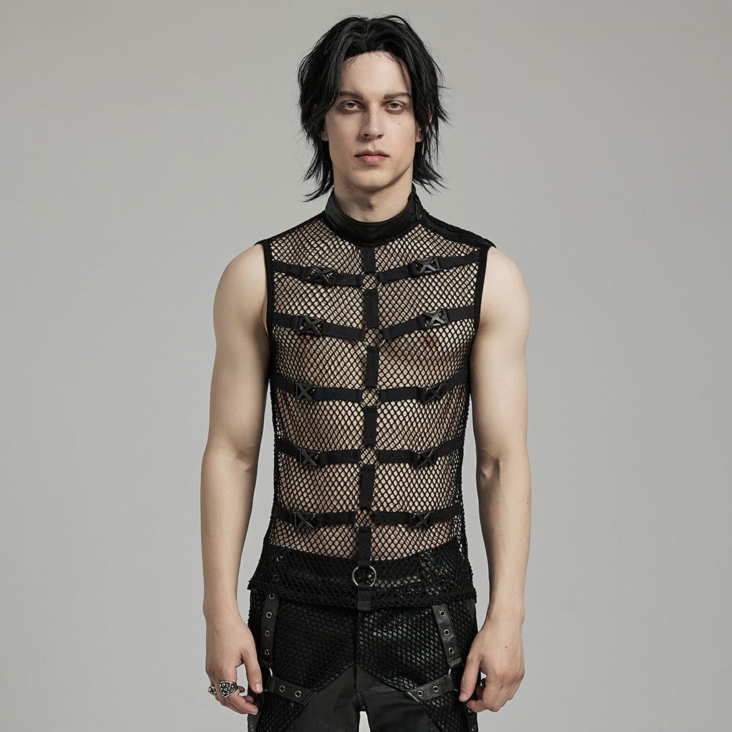 PUNK RAVE Men's Punk Rock Stand Collar Buckle Straps Mesh Tank Top