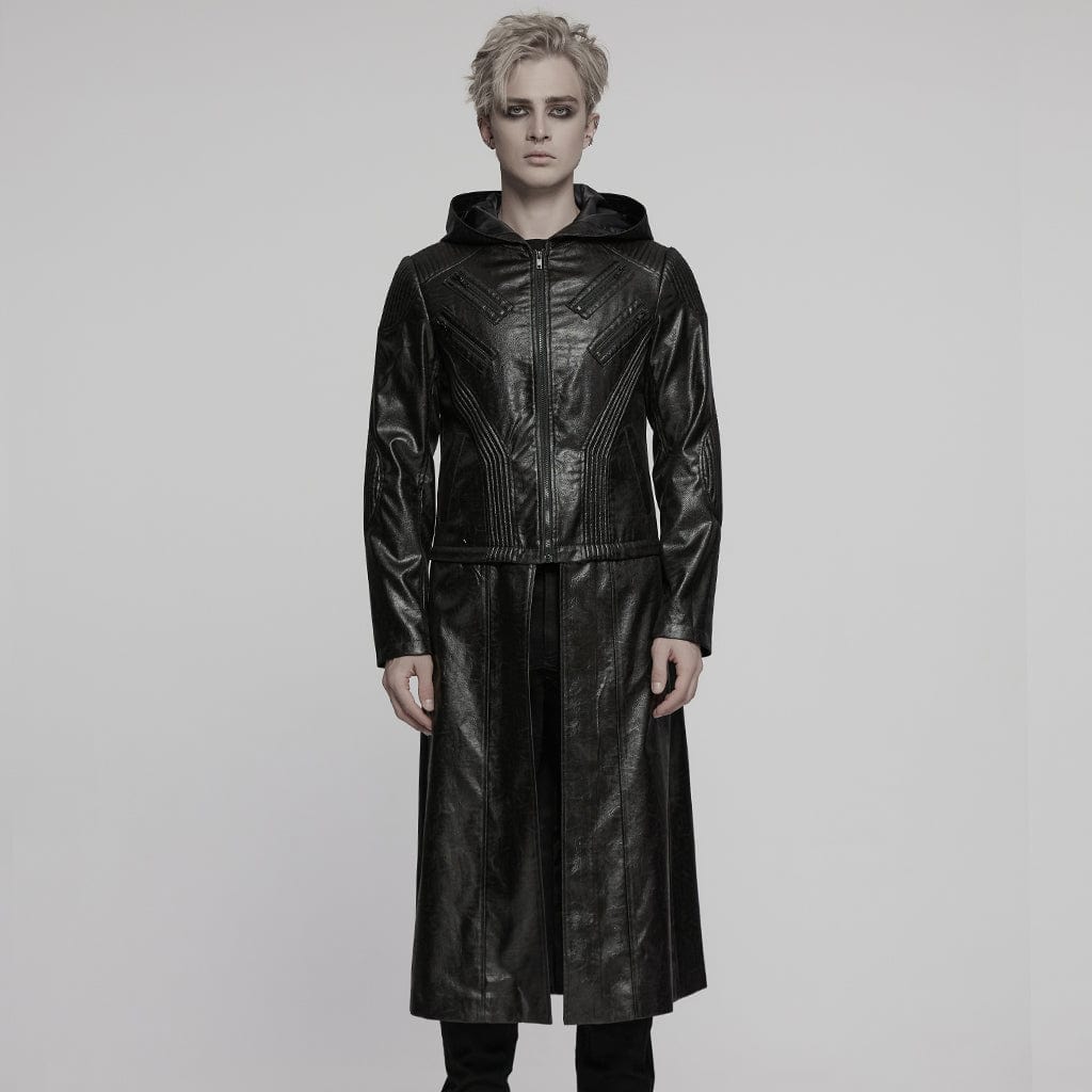 PUNK RAVE Men's Punk Ruched Faux Leather Detachable Coat