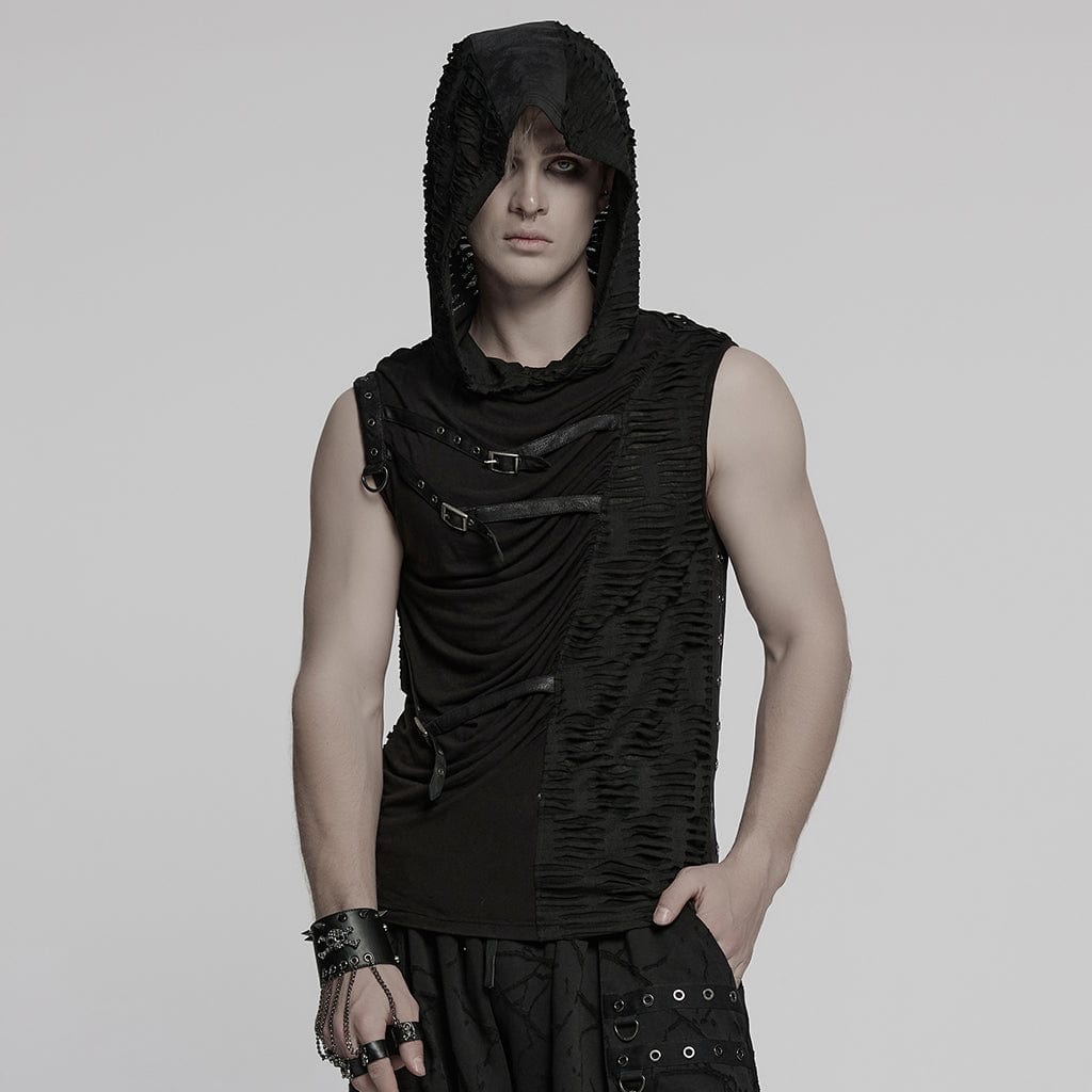 PUNK RAVE Men's Punk Ruched Ripped Hooded Vest