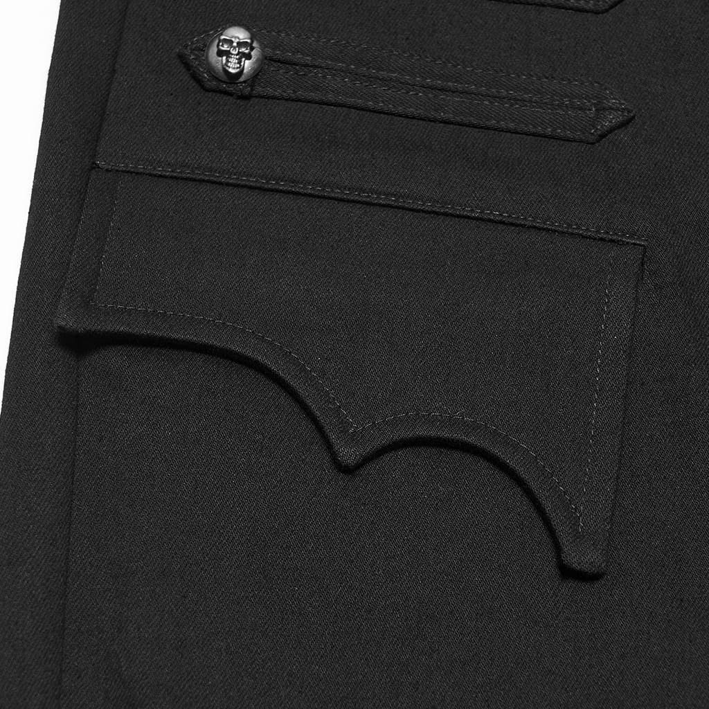 PUNK RAVE Men's Punk Skull Bat‑wing Flap Decor Slim Fit Trousers
