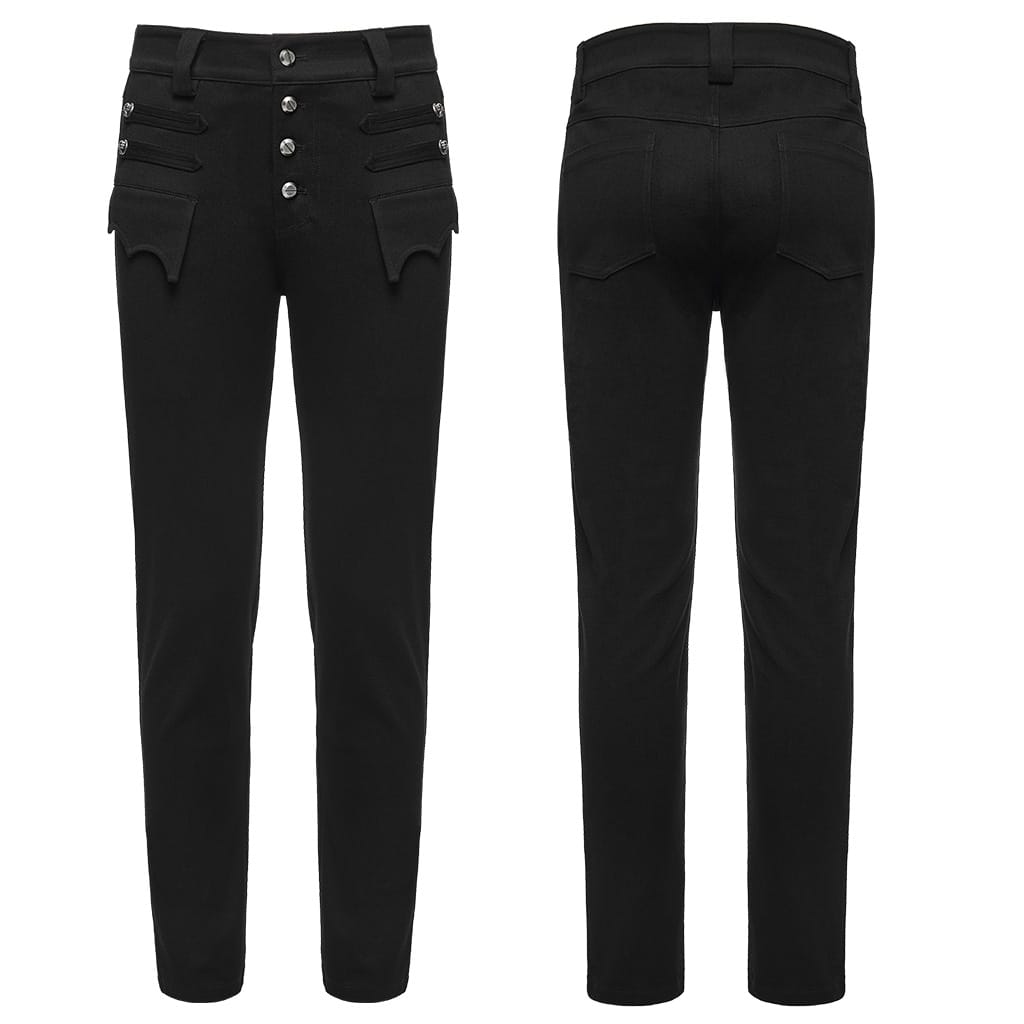 PUNK RAVE Men's Punk Skull Bat‑wing Flap Decor Slim Fit Trousers