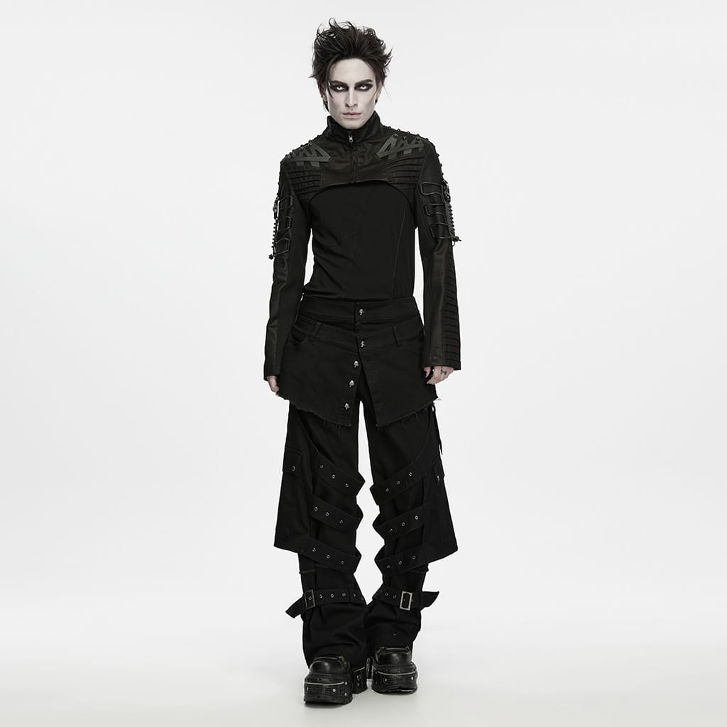 PUNK RAVE Men's Punk Skull Button Raw Edge Loose Pants with Detachable Leg Sleeve