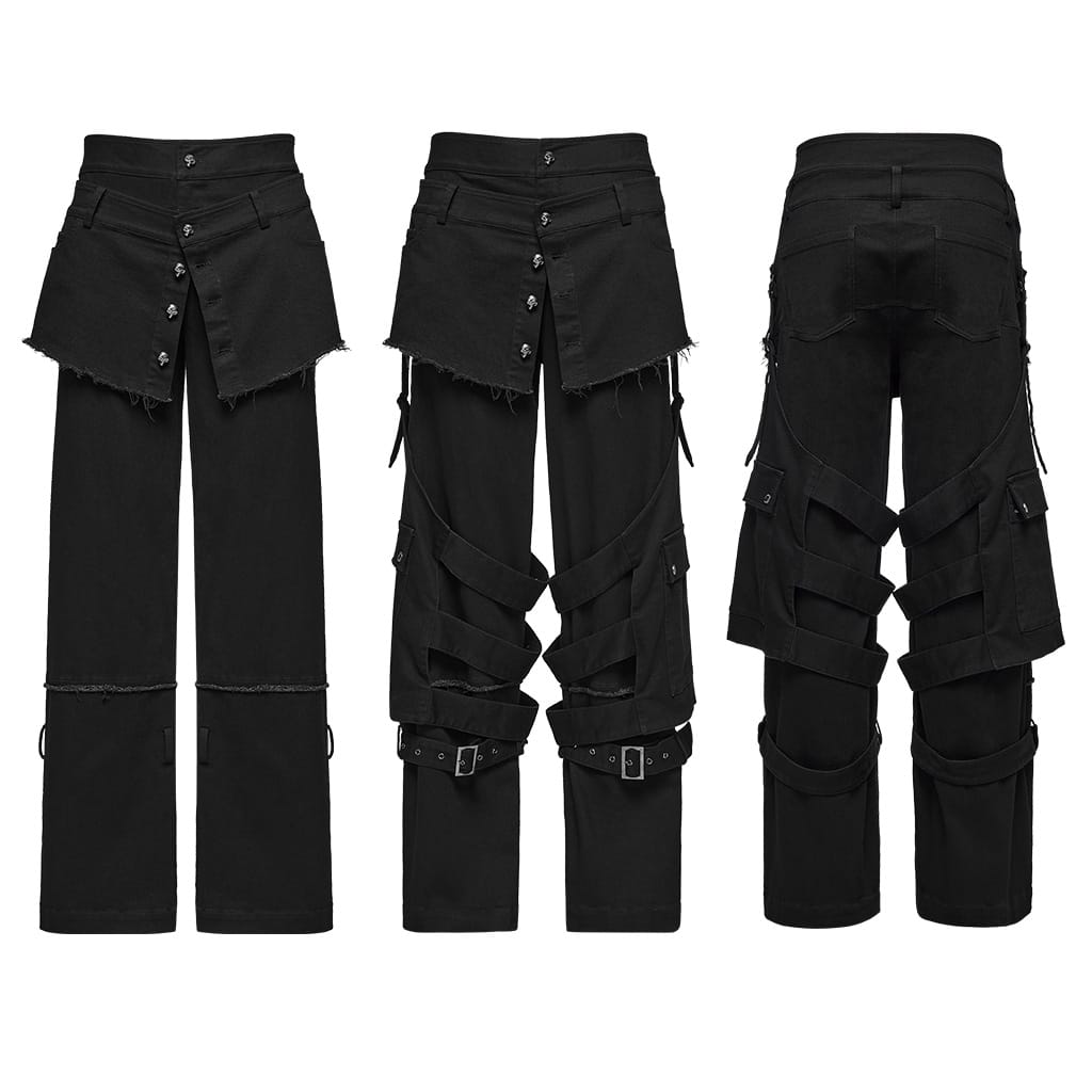 PUNK RAVE Men's Punk Skull Button Raw Edge Loose Pants with Detachable Leg Sleeve