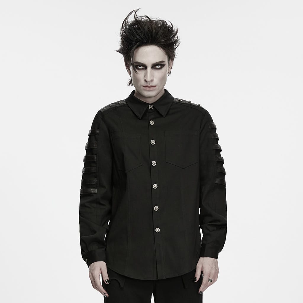 PUNK RAVE Men's Punk Skull Embossed Button Turn-down Collar Long Sleeve Shirt