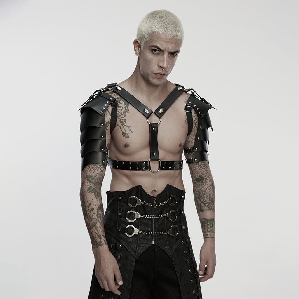 PUNK RAVE Men's Punk Skull Faux Leather Harness with Arm Guard