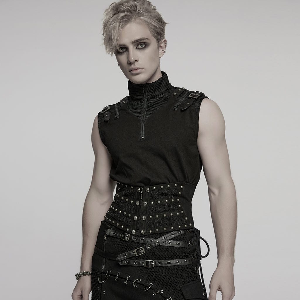 PUNK RAVE Men's Punk Skull Mesh Splice Lace-up Girdle