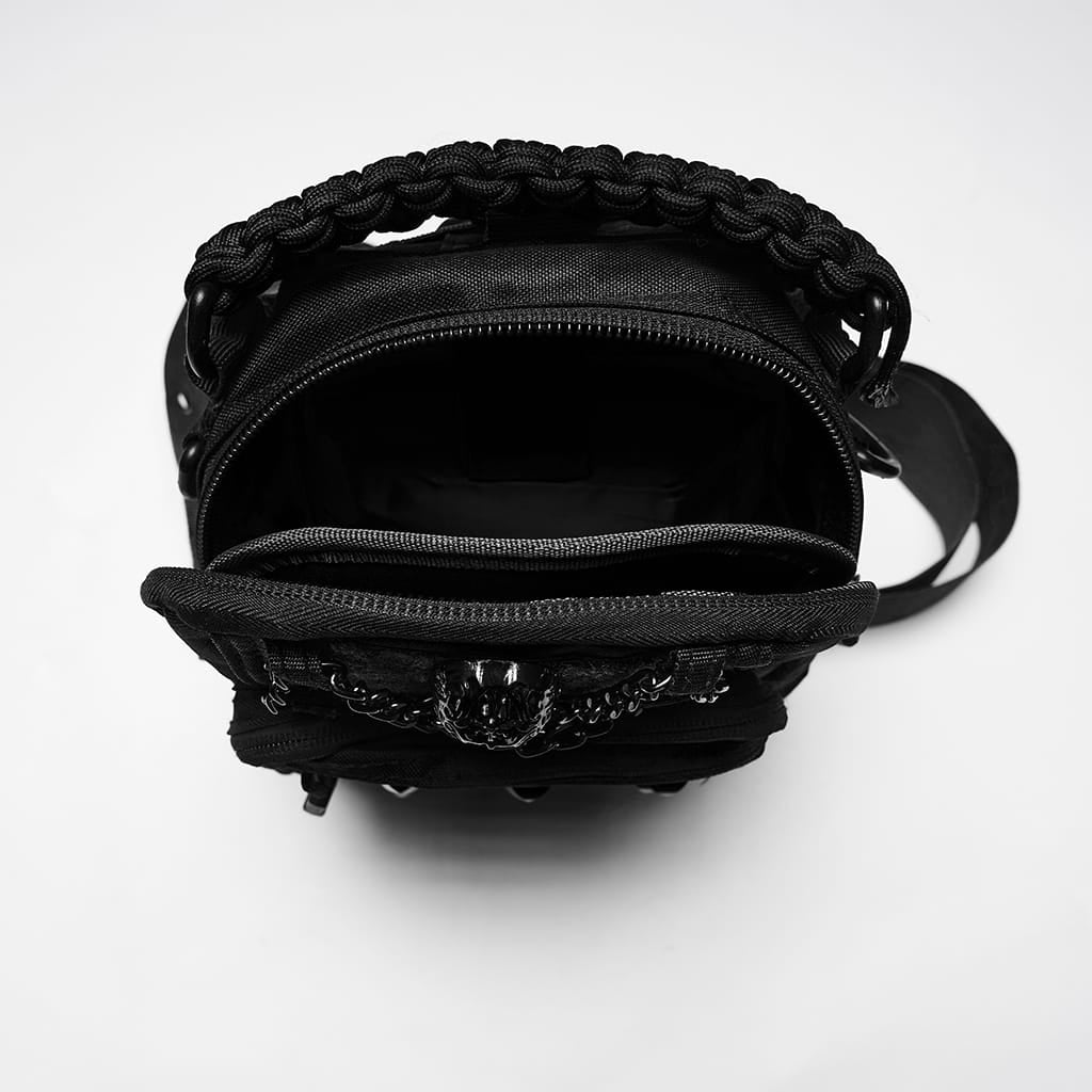 PUNK RAVE Men's Punk Skull Rivets Chained Backpack Black