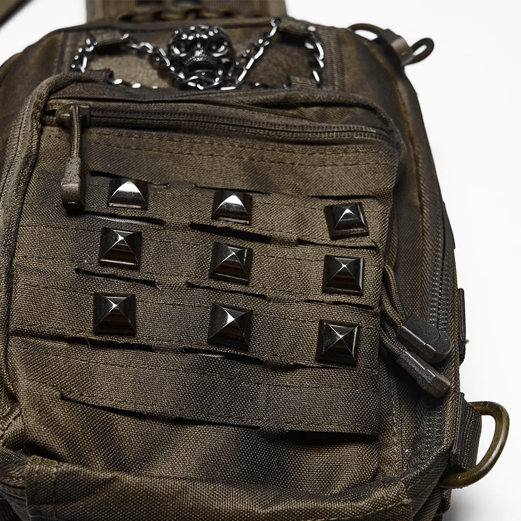 PUNK RAVE Men's Punk Skull Rivets Chained Backpack Coffee