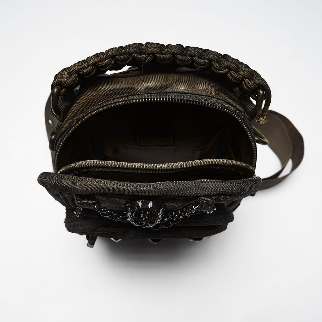 PUNK RAVE Men's Punk Skull Rivets Chained Backpack Coffee