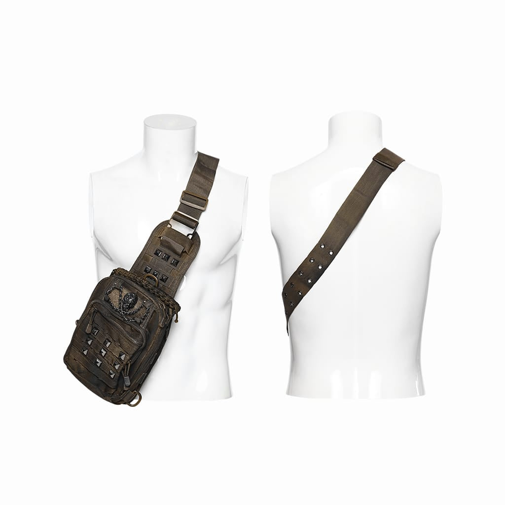 PUNK RAVE Men's Punk Skull Rivets Chained Backpack Coffee