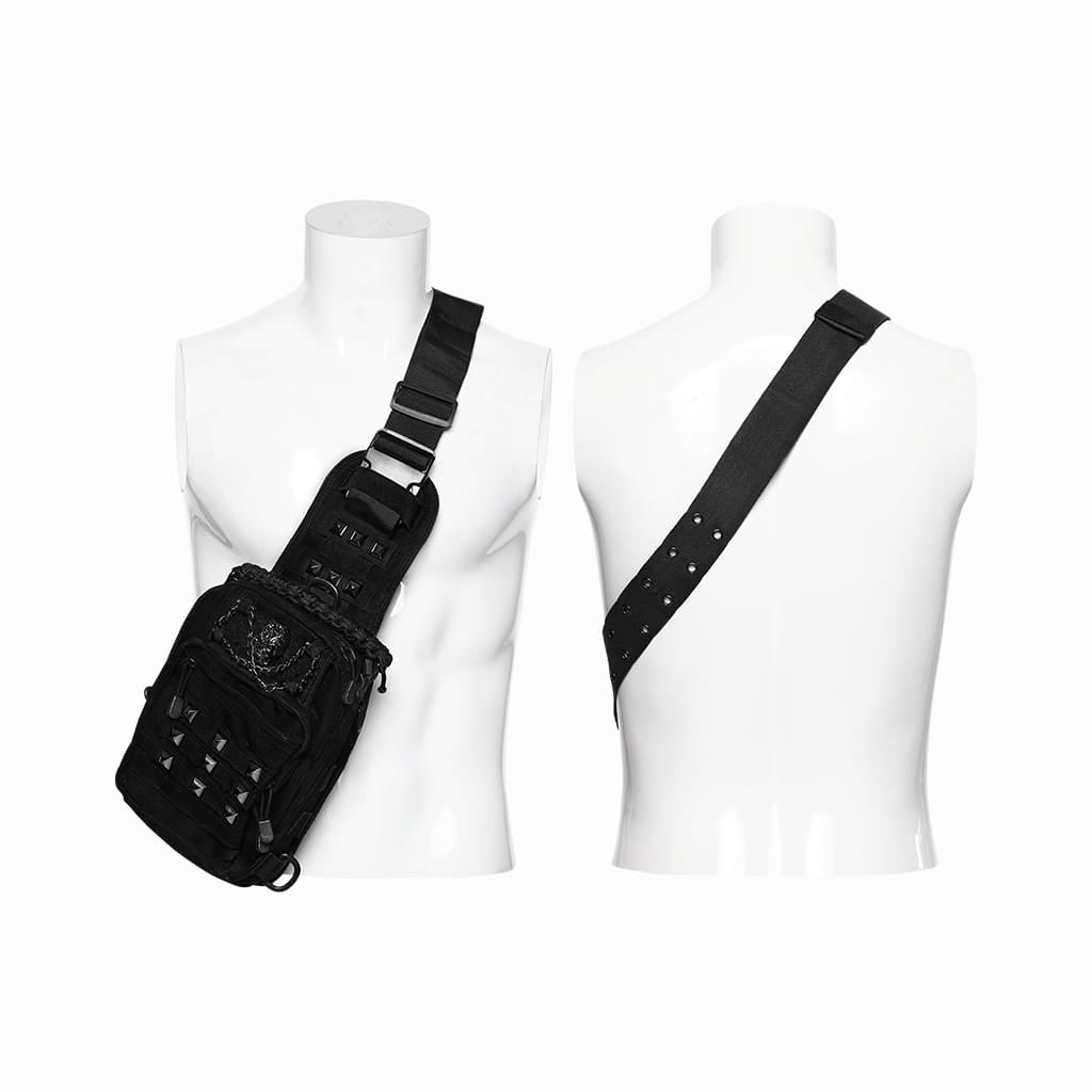 PUNK RAVE Men's Punk Skull Rivets Chained Crossbody Bag Black