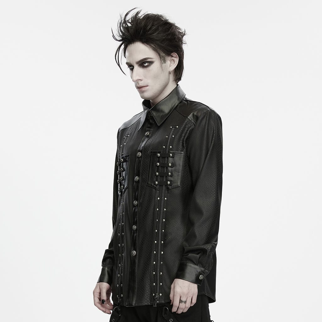 PUNK RAVE Men's Punk Snake Pattern Studded Turn-down Collar Long Sleeve Shirt