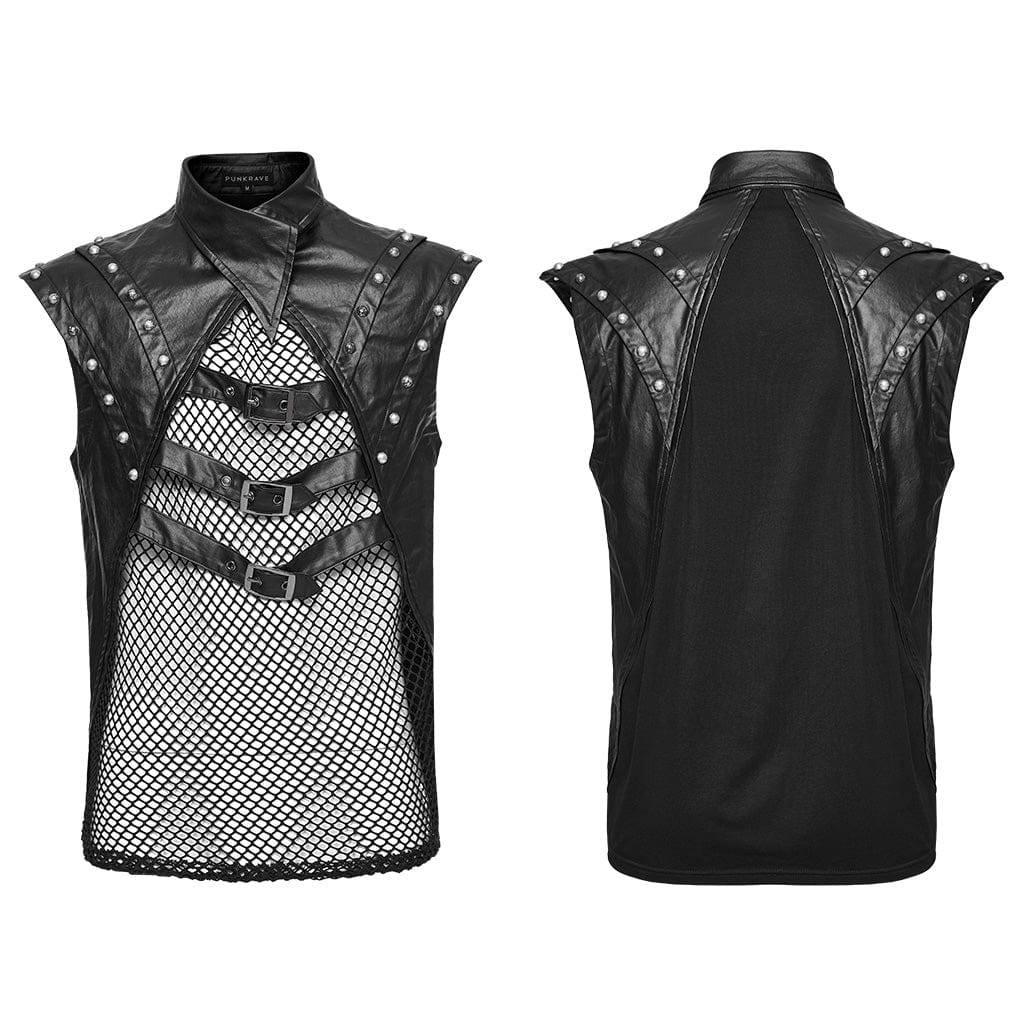 PUNK RAVE Men's Punk Splice Mesh Faux Leather Vest