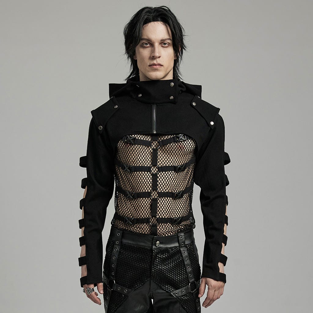 PUNK RAVE Men's Punk Stand Collar Cutout Jacket with Hood