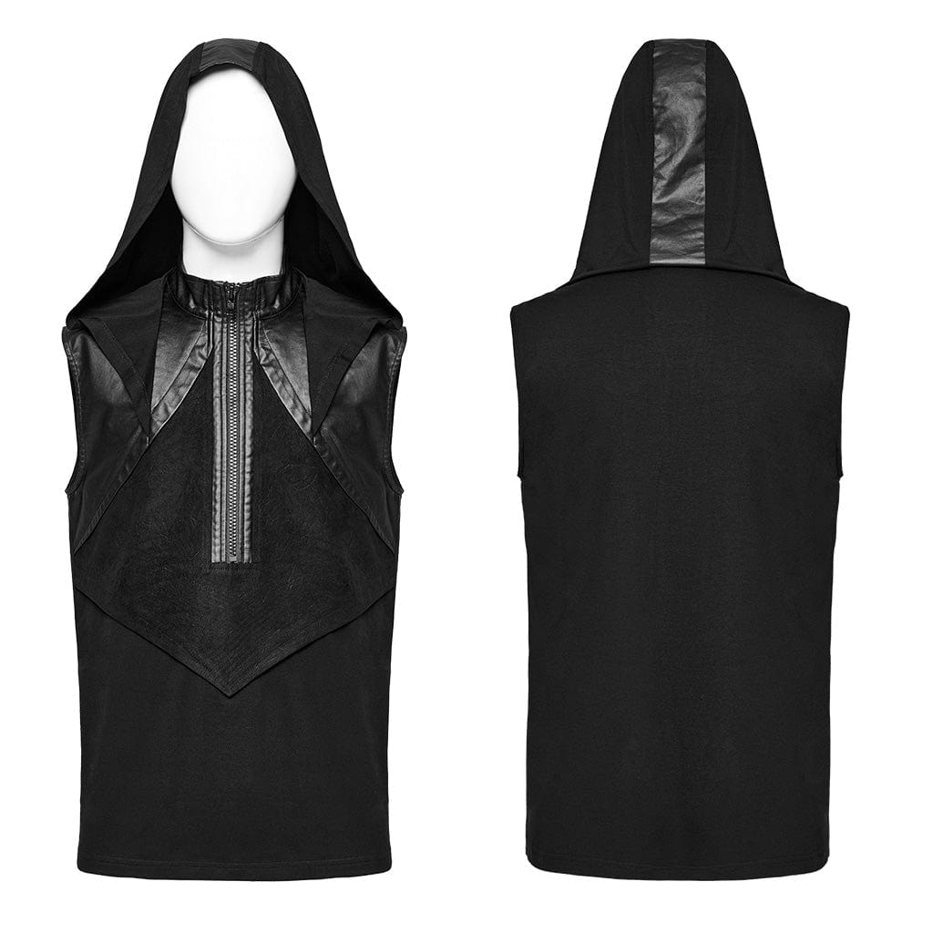 PUNK RAVE Men's Punk Stand Collar Faux Leather Splice Tank Top with Hood
