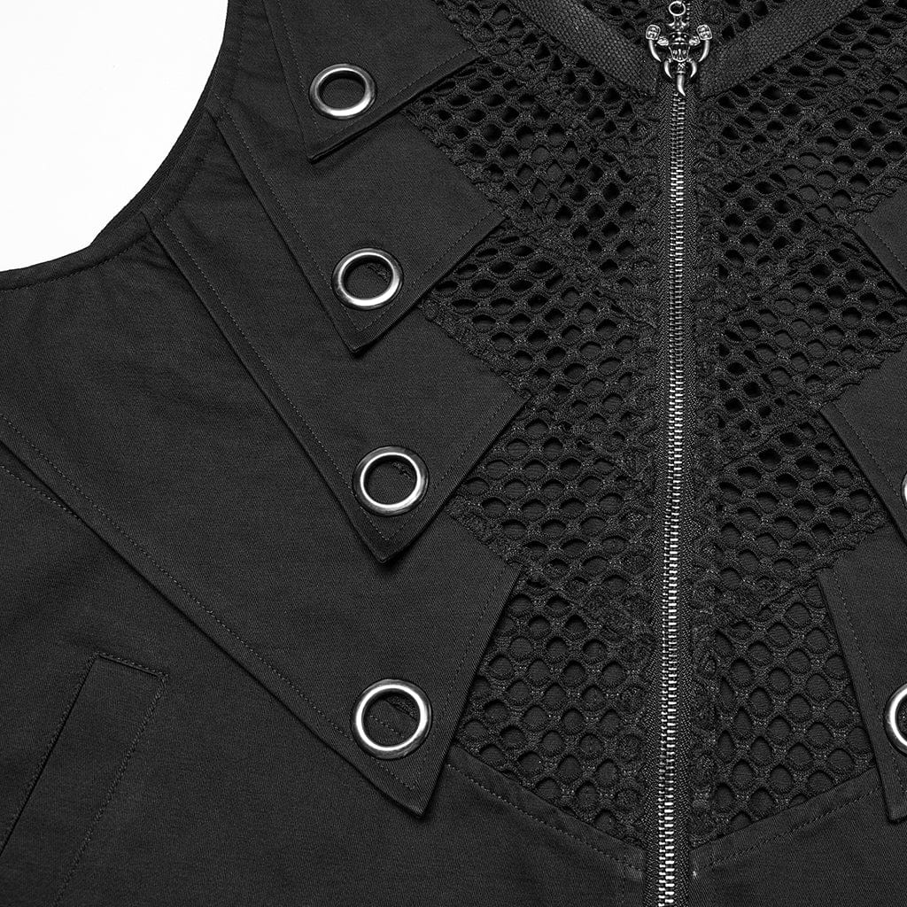 PUNK RAVE Men's Punk Stand Collar Mesh Splice Studded Vest