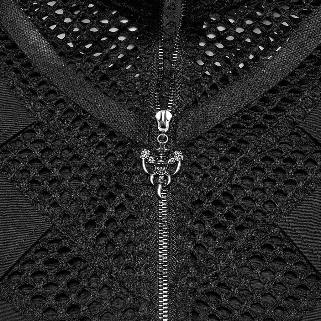 PUNK RAVE Men's Punk Stand Collar Mesh Splice Studded Vest