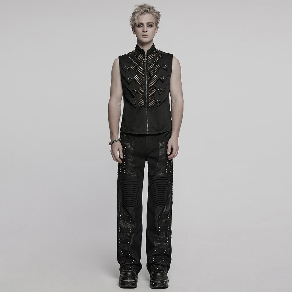 PUNK RAVE Men's Punk Stand Collar Mesh Splice Studded Vest