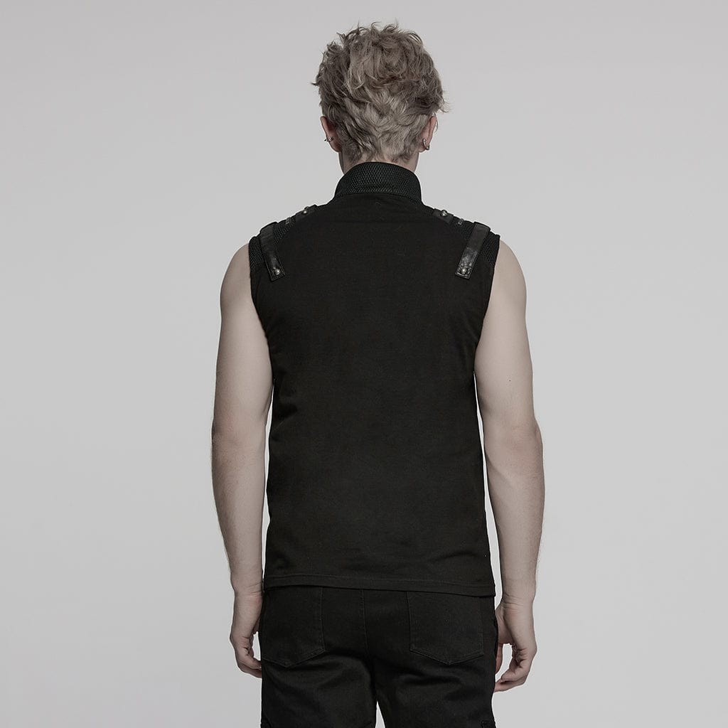 PUNK RAVE Men's Punk Stand Collar Mesh Splice Zipper Vest