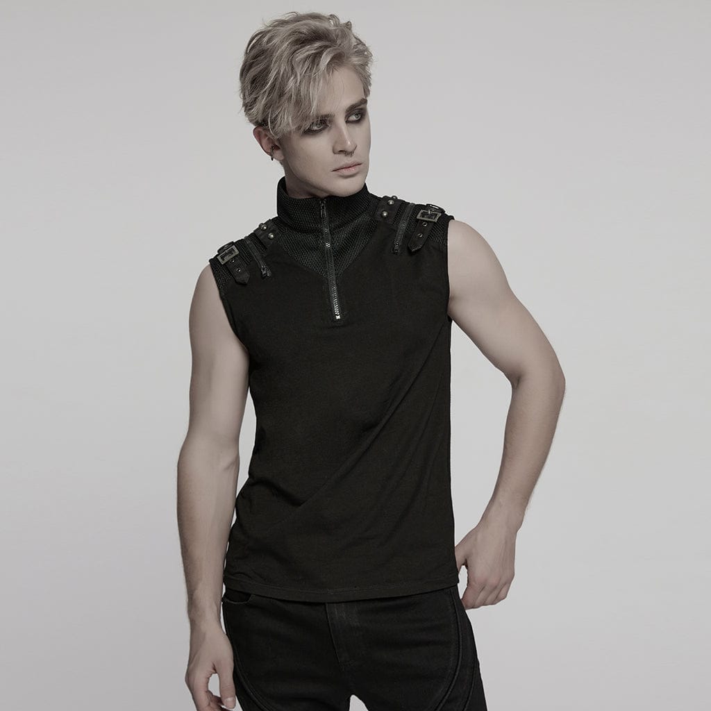 PUNK RAVE Men's Punk Stand Collar Mesh Splice Zipper Vest
