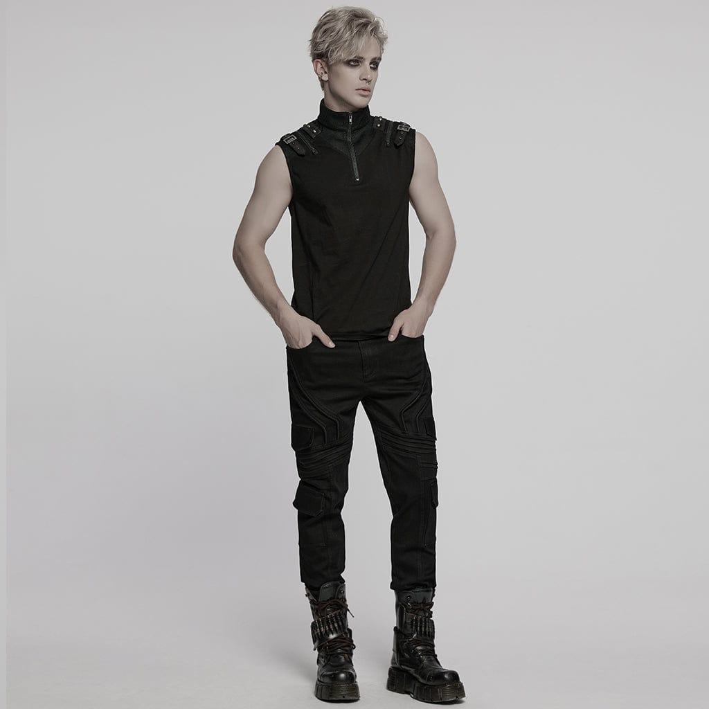 PUNK RAVE Men's Punk Stand Collar Mesh Splice Zipper Vest