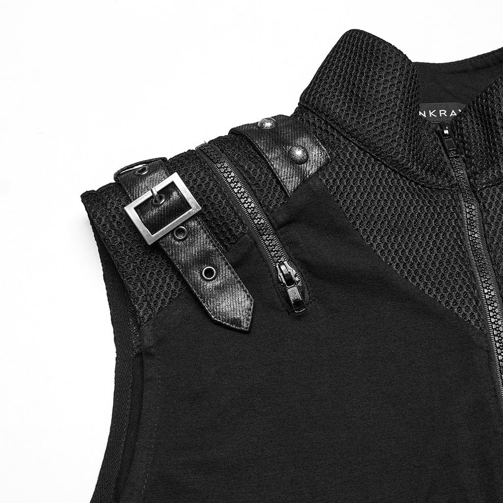 PUNK RAVE Men's Punk Stand Collar Mesh Splice Zipper Vest