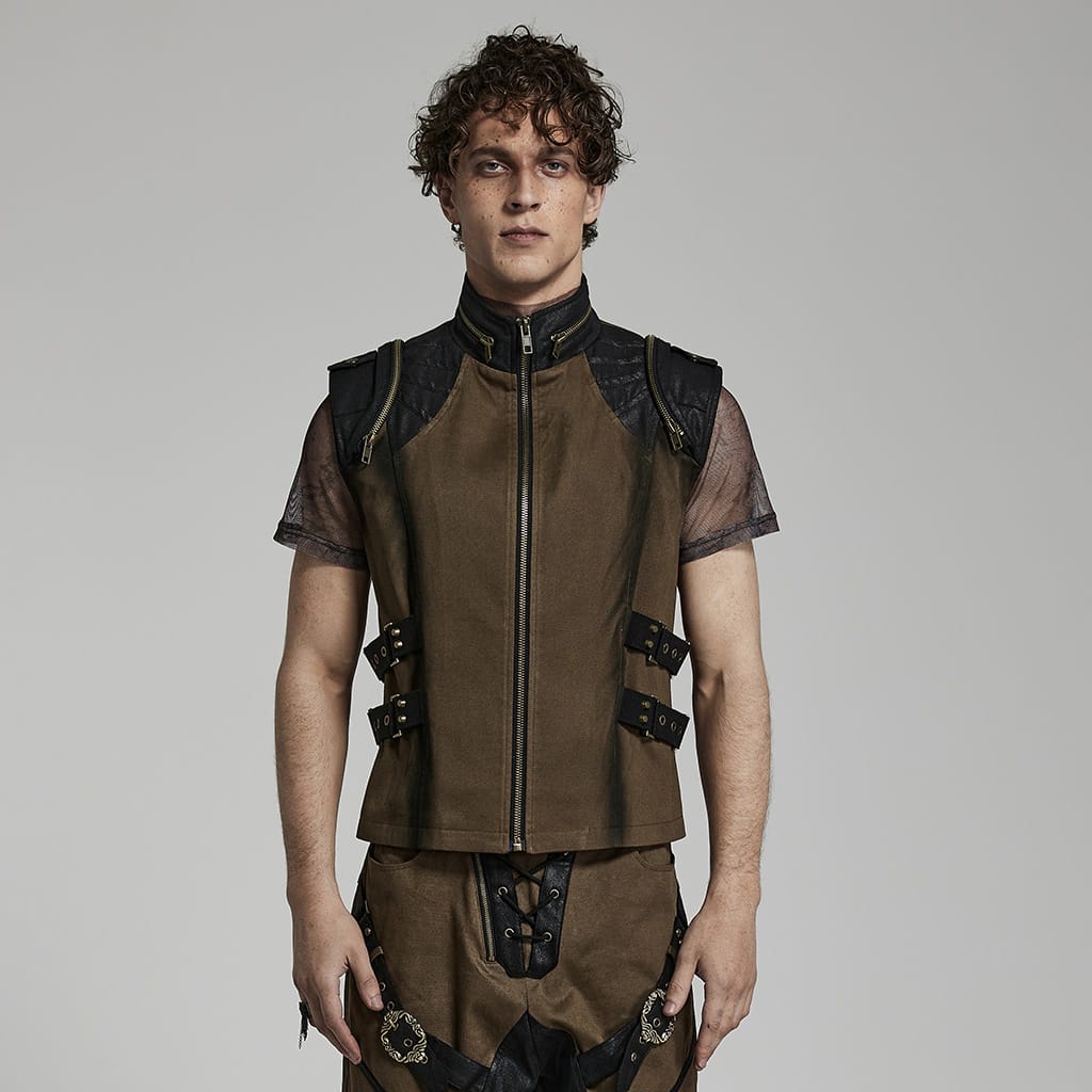 PUNK RAVE Men's Punk Stand Collar Strap Vest Coffee
