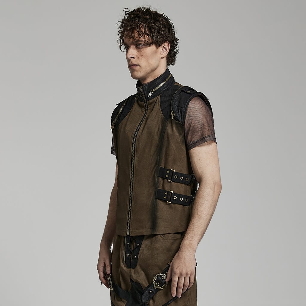 PUNK RAVE Men's Punk Stand Collar Strap Vest Coffee