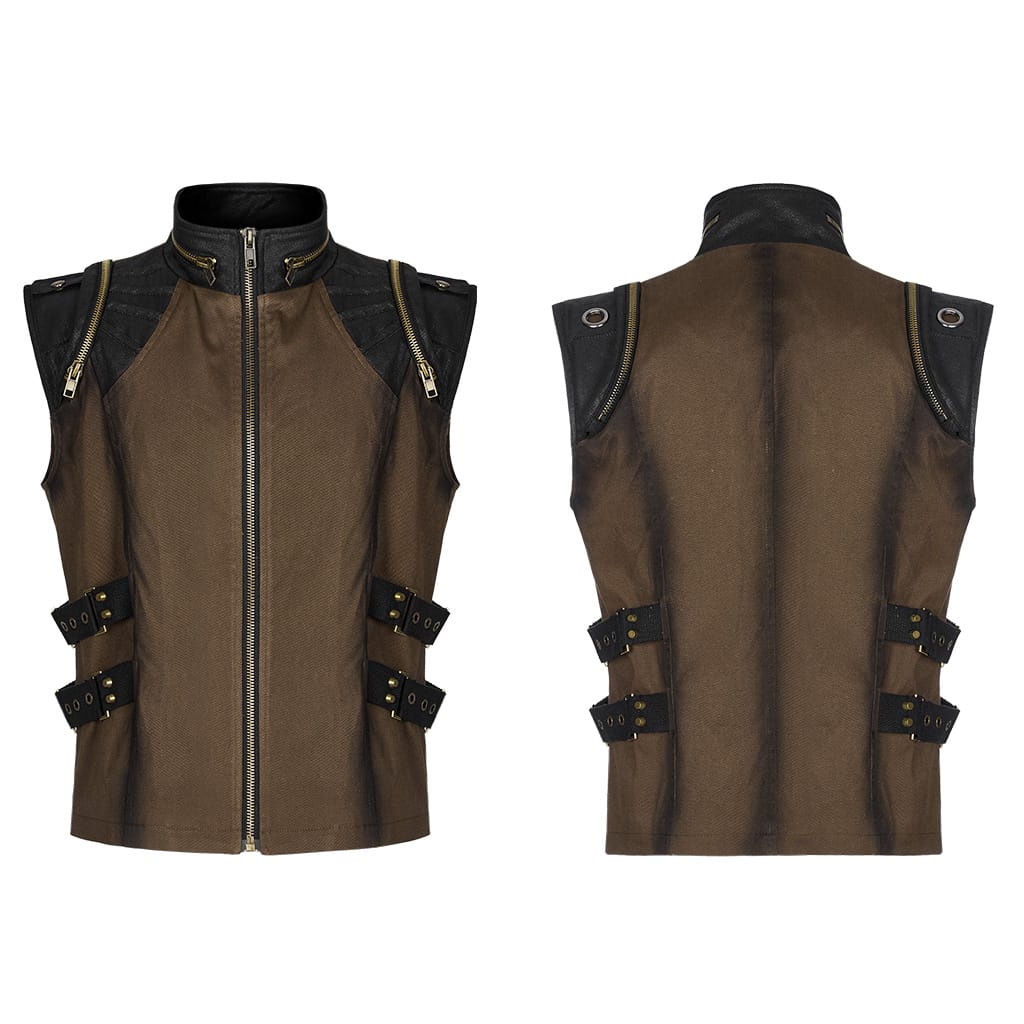 PUNK RAVE Men's Punk Stand Collar Strap Vest Coffee