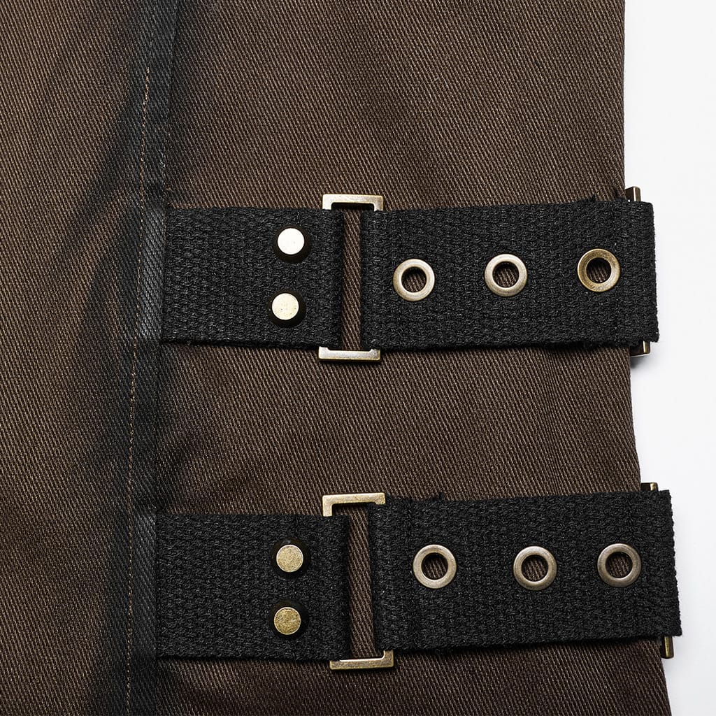 PUNK RAVE Men's Punk Stand Collar Strap Vest Coffee