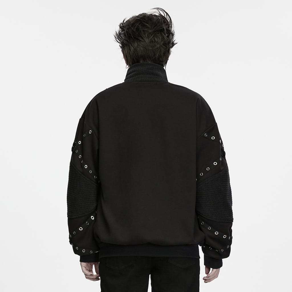 PUNK RAVE Men's Punk Stand Collar Zip‑up Eyelet Jacket