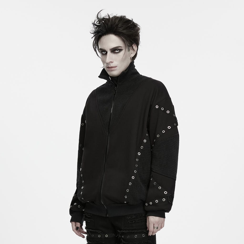 PUNK RAVE Men's Punk Stand Collar Zip‑up Eyelet Jacket
