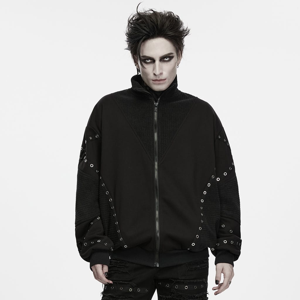 PUNK RAVE Men's Punk Stand Collar Zip‑up Eyelet Jacket