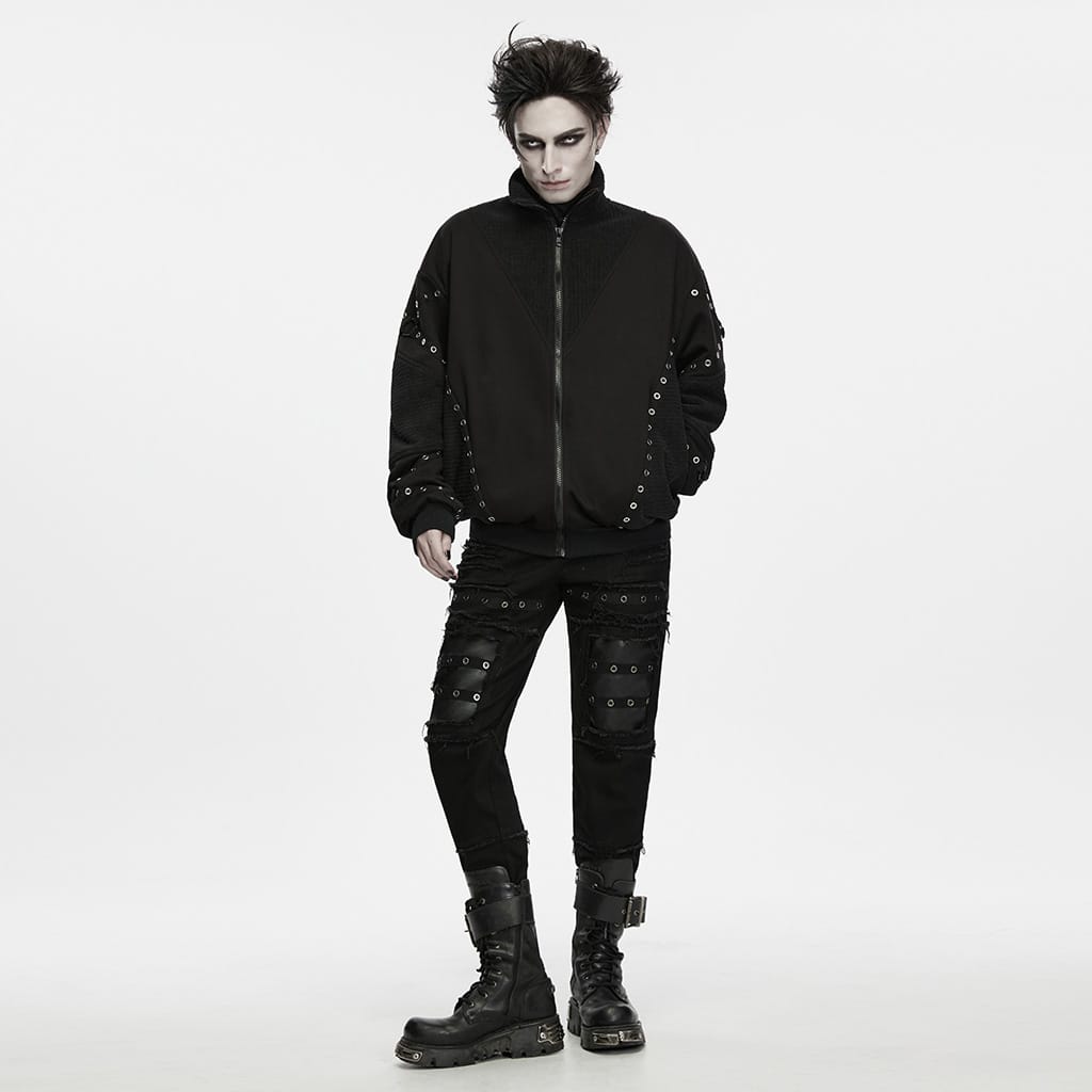 PUNK RAVE Men's Punk Stand Collar Zip‑up Eyelet Jacket